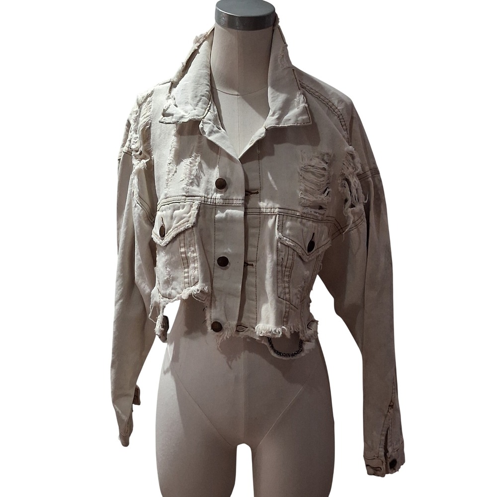 Carmar Denim Jacket Womens M/LCream Distressed Cropped Raw Hem one of a kind.